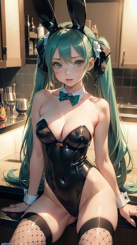 Super detailed, NSFW, masterpiece, High resolution, perfect lighting, (((1 girl, perfect anatomy, five fingers, perfect style))), hatsune miku, 3d face, big light blue-green eyes, glossy lips, blue-green long hair, shiny skin, Open Mouth Smile, big breasts, (((twin tails))), big square hair accessories, (((Playboy Bunny Girl, High-cut leotards, a bow tie, Cuffs, Wearing fishnet stockings, Black rabbit ears, Bunny tail, sitting on the counter, A lively bar at night,