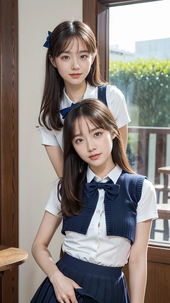 (masterpiece:1.2, highest quality), (realistic, photorealistic:1.4), beautiful illustrations, (natural side lighting, movie lighting), Depth of written boundary,
looking at the viewer, (face focus, Upper body), Front view, 1 girl, English, high school girl, 15 years old, perfect face, Cute symmetrical face, shiny skin,
(Long straight hair:1.7,blonde), asymmetrical bangs, Big eyes, droopy eyes, long eyelashes chest), thin,
beautiful hair, beautiful face, fine and beautiful eyes, beautiful clavicle, beautiful body, beautiful breasts, beautiful thighs, beautiful feet, beautiful fingers,
((fine fabric texture, brown knit vest, short sleeve white collar shirt, navy pleated skirt, Navy bow tie)),
(beautiful scenery), evening, (Inside the flower shop), Are standing, (smile, Upper grade, open your mouth), (((skirt lift, No panties, genitals visible)))