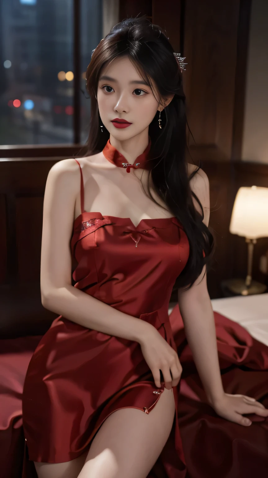 Night shot,A girl wearing a red silk cheongsam,Girl's hair style,Delicate and fair skin,Fine hair,Big bright eyes,Long eyelashes,Simple hair accessories,Tassel earrings,Oval face,Light eyeshadow and blush,Red lips,Delicate,Delicate clavicle,Full and firm breasts,Model figure,Curvy figure,Perfect body proportions,Thin waist,Detailed clothing details,Realistic,Look at the camera, masterpiece, RAW photo, 8k resolution, realistic, exquisitely detailed skin, masterpiece, best quality, unity 8k wallpaper, ultra detailed, cinematic look, natural skin texture, extremely realistic skin texture, finely detailed face,(film grain:1.2),cinematic angle, Fujifilm XT3, (highly detailed), (detailed lighting),(contrast),(mysterious atmosphere),vivid illumination, masterful technique, harmonious composition, immersive atmosphere, stunning visuals, best quality, official art, extremely detailed CG, highly detailed,