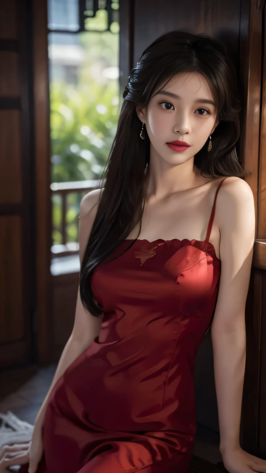 Night shot,A girl wearing a red silk cheongsam,Girl's hair style,Delicate and fair skin,Fine hair,Big bright eyes,Long eyelashes,Simple hair accessories,Tassel earrings,Oval face,Light eyeshadow and blush,Red lips,Delicate,Delicate clavicle,Full and firm breasts,Model figure,Curvy figure,Perfect body proportions,Thin waist,Detailed clothing details,Realistic,Look at the camera, masterpiece, RAW photo, 8k resolution, realistic, exquisitely detailed skin, masterpiece, best quality, unity 8k wallpaper, ultra detailed, cinematic look, natural skin texture, extremely realistic skin texture, finely detailed face,(film grain:1.2),cinematic angle, Fujifilm XT3, (highly detailed), (detailed lighting),(contrast),(mysterious atmosphere),vivid illumination, masterful technique, harmonious composition, immersive atmosphere, stunning visuals, best quality, official art, extremely detailed CG, highly detailed,