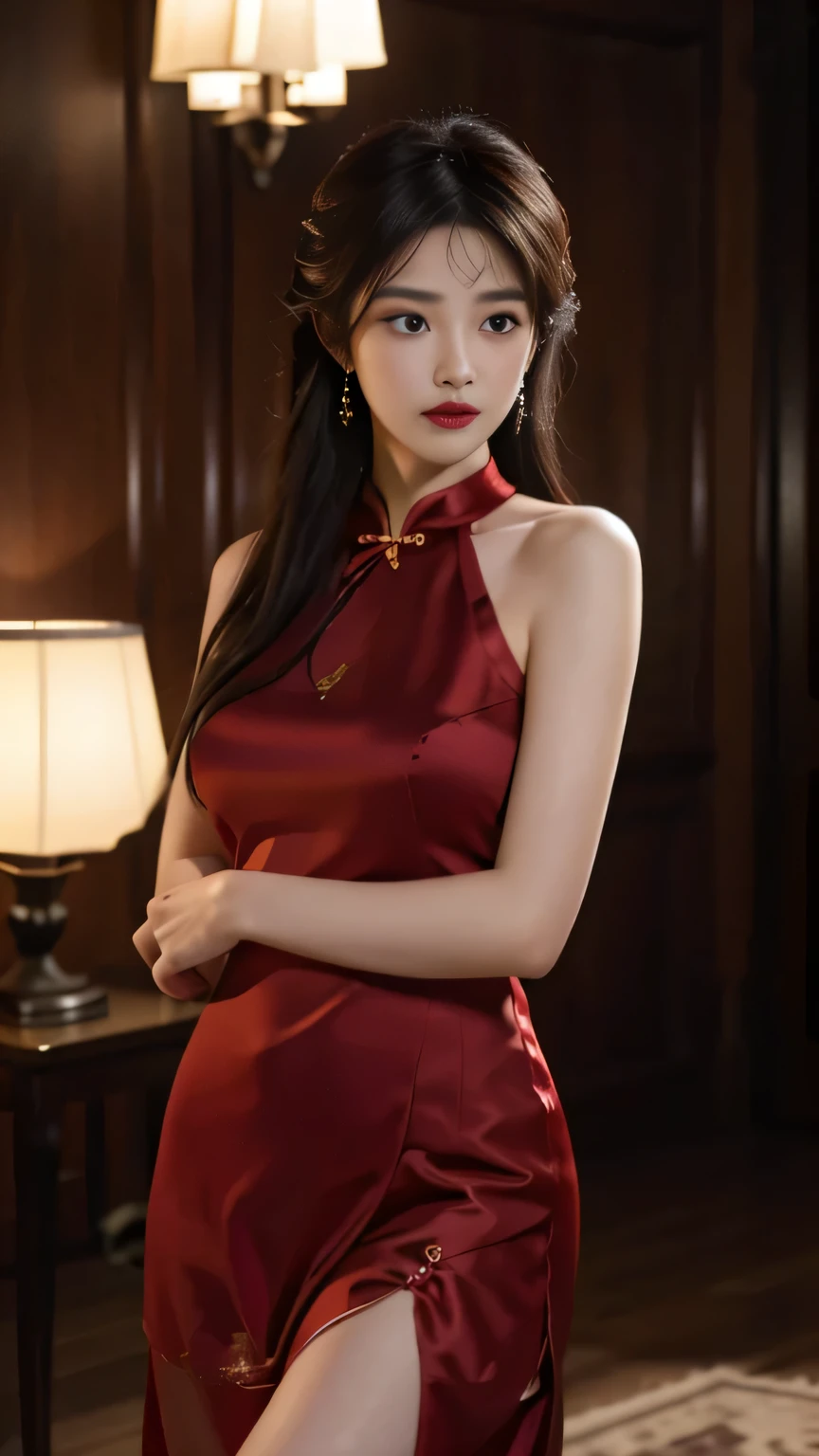 Night shot,A girl wearing a red silk cheongsam,Girl's hair style,Delicate and fair skin,Fine hair,Big bright eyes,Long eyelashes,Simple hair accessories,Tassel earrings,Oval face,Light eyeshadow and blush,Red lips,Delicate,Delicate clavicle,Full and firm breasts,Model figure,Curvy figure,Perfect body proportions,Thin waist,Detailed clothing details,Realistic,Look at the camera, masterpiece, RAW photo, 8k resolution, realistic, exquisitely detailed skin, masterpiece, best quality, unity 8k wallpaper, ultra detailed, cinematic look, natural skin texture, extremely realistic skin texture, finely detailed face,(film grain:1.2),cinematic angle, Fujifilm XT3, (highly detailed), (detailed lighting),(contrast),(mysterious atmosphere),vivid illumination, masterful technique, harmonious composition, immersive atmosphere, stunning visuals, best quality, official art, extremely detailed CG, highly detailed,
