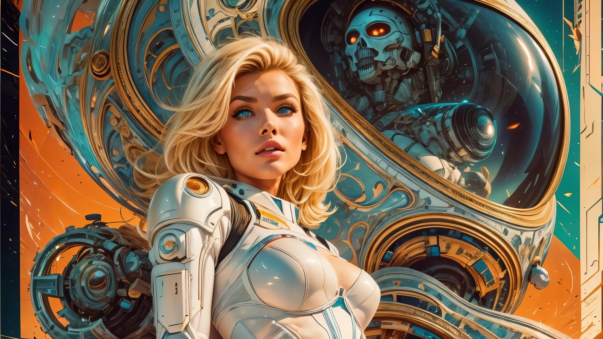 arafed image of a white woman in a futuristic suit with a spaceship in the background, movie art, in front of an orange background, inspired by Robert McGinnis, female protagonist, megastructure in the background, portrait of an ai astronaut, astronauts, an astronaut, portrait of a astronaut skeletor, perfect android girl, detailed eyes, perfectly detailed teeth, frank franzzeta and sakimichan