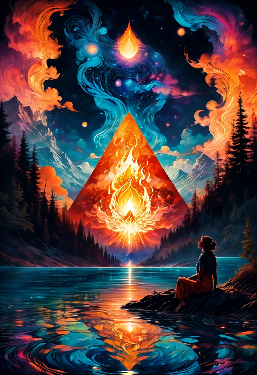 1girl, Campfire, aesthetic, (A beautiful sky, silhouette of a campfire, roaring fire, tent, on the shore by reflective crystal clear water, silhouettes of trees mountains, valleys, reflective clear water), hyperdetailed, color gradient, deep color, complementary colors, beautiful, complex, cosmic, elaborate ethereal, twilight, movement, calm, sincere, faith, perfect reflection