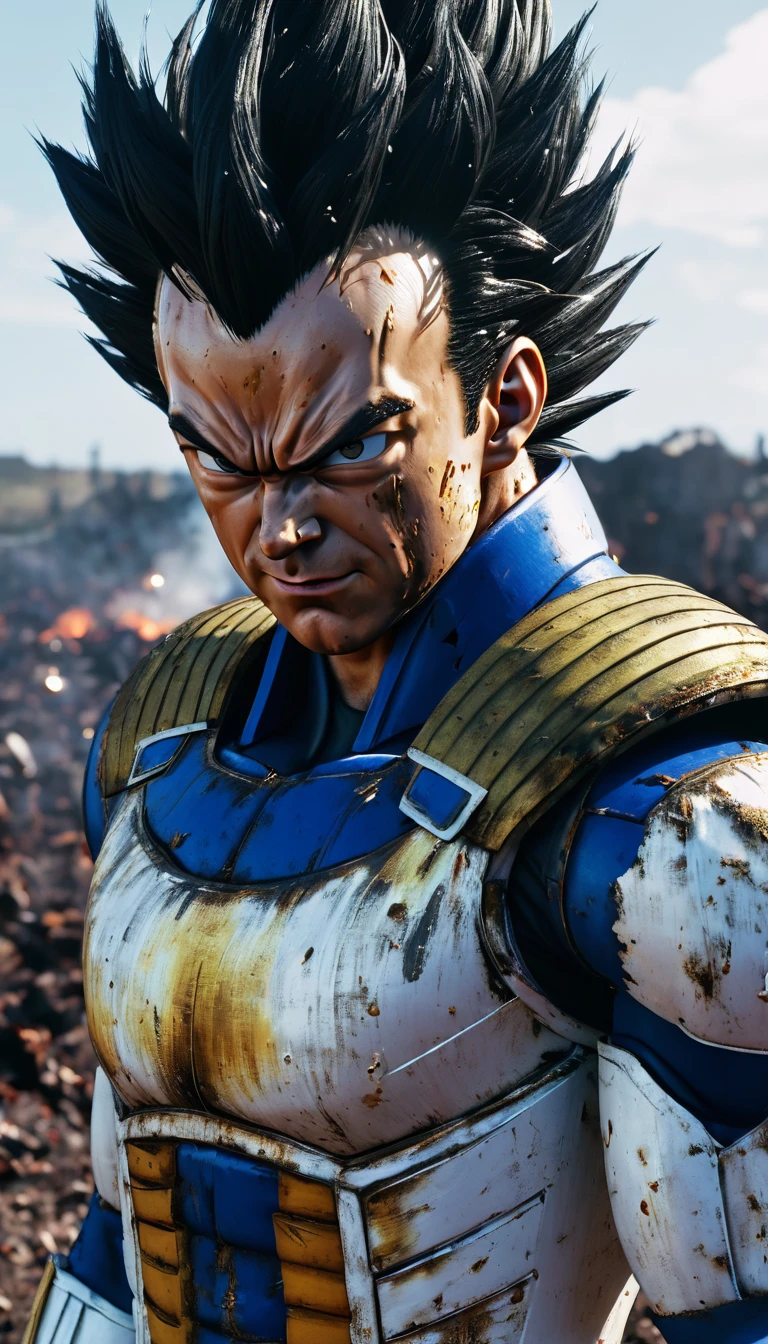 super pissed vegeta, devastated land, apocalypse, explosion, (ultra realistic), 8k, (Exceptional quality), il détruit le monde