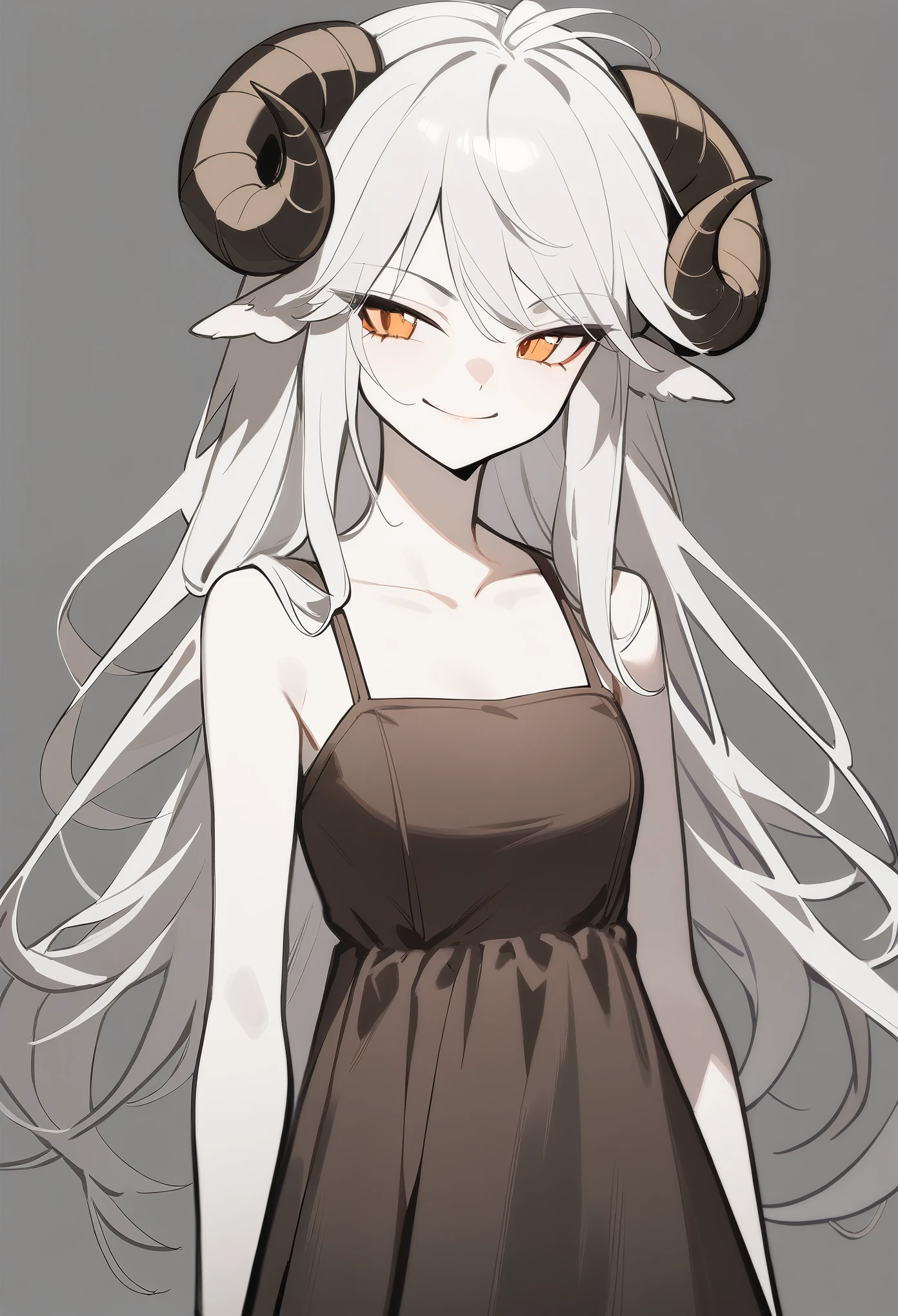 1girl, solo, Monstergirl, sheep horns, curled horns, sheep ears, white hair, long hair, messy hair, long bangs, pale skin, orange eyes, smile, smug, stoic, small breasts, standing, (dark brown dress, sundress), (gray background, simple background), upper body, masterpiece, best quality