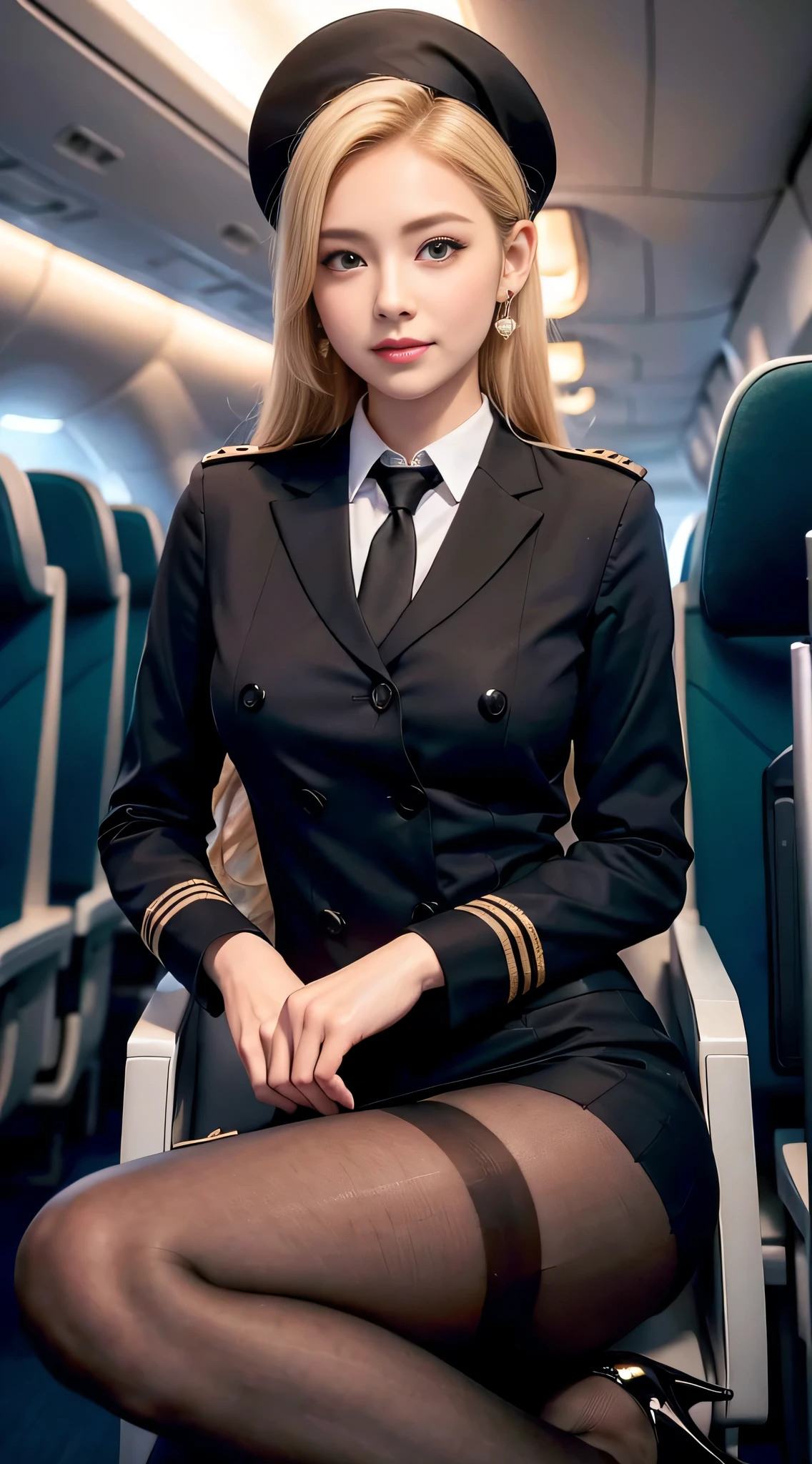 (Masterpiece), Best quality, Highest quality, Detailed and intricate, Original, full body, A high resolution,
(16 yaers old),Extremely detailed_Eyes, Sexy Breasts,
(eyes liner:0.5),(Blush:0.5),Blonde hair,Simple Diamond Earrings, Detailed skin, pony tails,
view the viewer, Light smile, finger nails, beautiful fingers,
((Flight attendant uniform)), (Black pantyhose:1.1), Black high heels, Black short skirt uniform, on board plane((inside airplane:1.2, Motion capture)), back to the viewer, ((holding her butt)) Perfect anatomy,
(Depth of field:1.1),Loli:0.1,Realistic:1.3,
(Ambient light:1),(Cinematic composition:1.3), (Best quality, A high resolution, Photorealistic, primitive, 8K,Masterpiece, ),Best quality, Masterpiec8K.hdr. High ribs:1.2, filmgrain, Blur bokeh:1.2, Lens flare, (vivd colour:1.2), (Delicate),