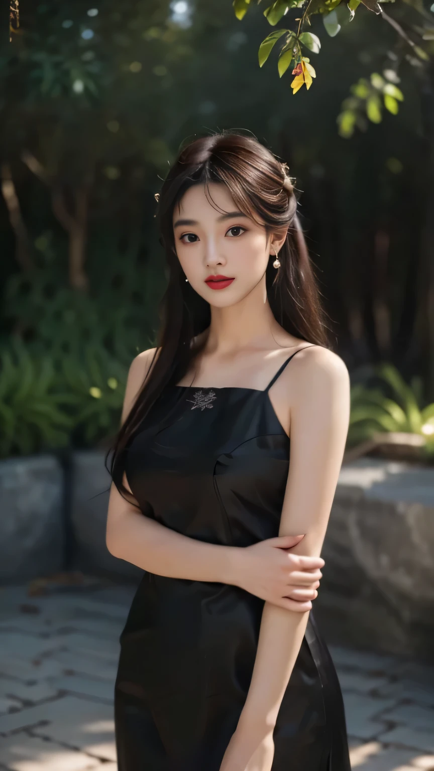 Night shot,A girl wearing a black silk cheongsam,A large group of fireflies danced around the girl.,Girl's hair style,Delicate and fair skin,Fine hair,Big bright eyes,Long eyelashes,Simple hair accessories,Tassel earrings,Oval face,Light eyeshadow and blush,Red lips,Delicate,Delicate clavicle,Full and firm breasts,Model figure,Curvy figure,Perfect body proportions,Thin waist,Detailed clothing details,Realistic,Look at the camera, masterpiece, RAW photo, 8k resolution, realistic, exquisitely detailed skin, masterpiece, best quality, unity 8k wallpaper, ultra detailed, cinematic look, natural skin texture, extremely realistic skin texture, finely detailed face,(film grain:1.2),cinematic angle, Fujifilm XT3, (highly detailed), (detailed lighting),(contrast),(mysterious atmosphere),vivid illumination, masterful technique, harmonious composition, immersive atmosphere, stunning visuals, best quality, official art, extremely detailed CG, highly detailed,