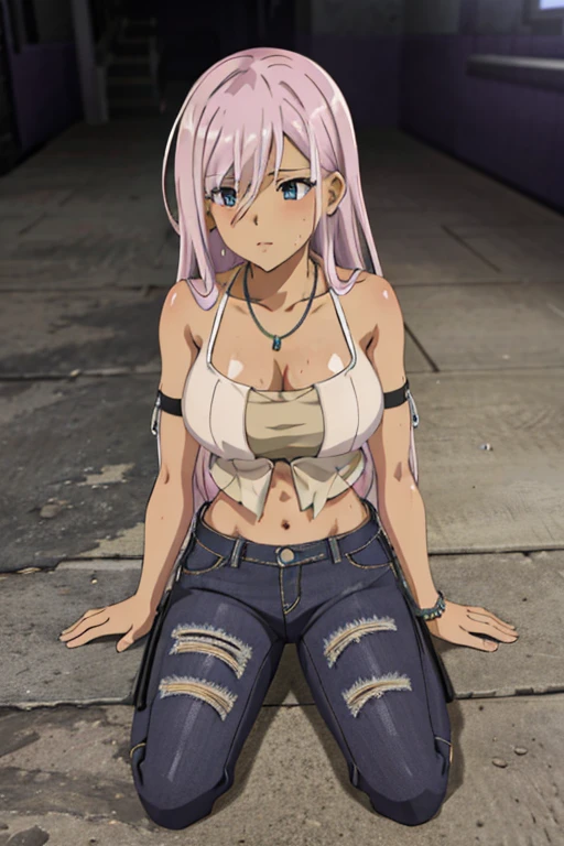 detailed background, masterpiece, 4k, best quality, tan-skinned anime girl lies on the ground, her ribs protruding from her emaciated body. She wears a wrap cami top and jeans, her hunger evident in the sweat beads that cover her skin. Rendered in a gritty, anime style.