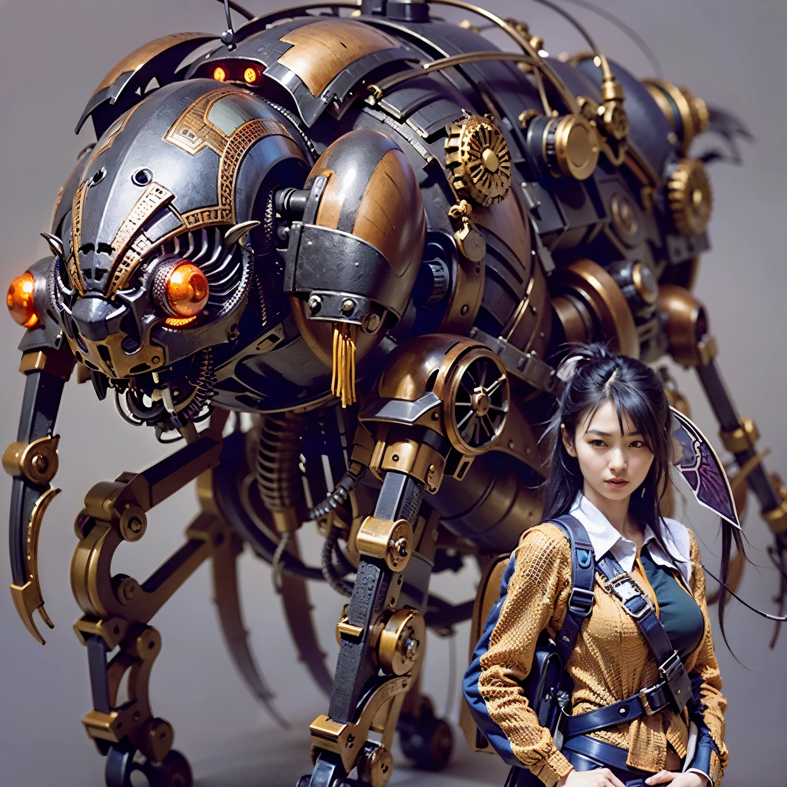 Mechanical Backpack, Demon, (Insect Motif Mechanical Body), Heavily Equipped, Japanese Woman, Very Beautiful, Embarrassed Face, Full Length Shot, Realistic, Photorealistic, Ultra Realistic, Ultra Fine Detail, Ultimately Intricate Detail, Lighting Highlights Machinery, Luster, Cave with Suspicious Vibe