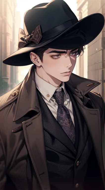 masterpiece, best quality, realistic, 1man, mature male, quiet and charming young man, 25 years old, close his eyes, serious look, extremely detailed face, ((dark grey eyes)), ((short-right-swept dark brown hair)), [thick eyebrows], detective, ((Dressed in a classic overcoat and fedora hat)), cinematic lighting, looking at the audience, posture dynamics, Victorian era