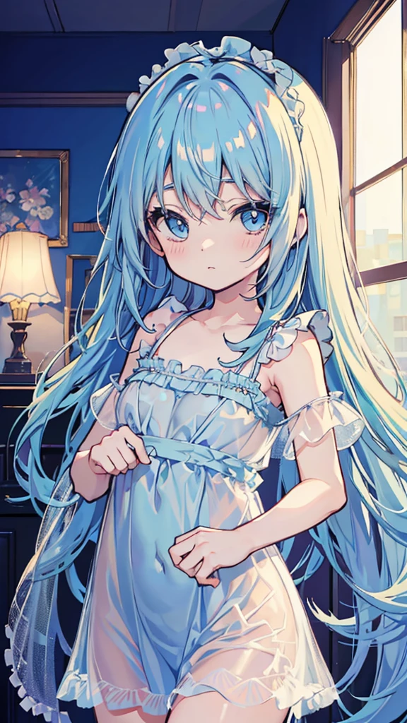 anime movie style thick outline,ultra detailed face,
chou kawaii shota,light blue hair,loose long hair,
shota wearing light_blue ((sheer tulle cami dress)),laugh,
myroom,