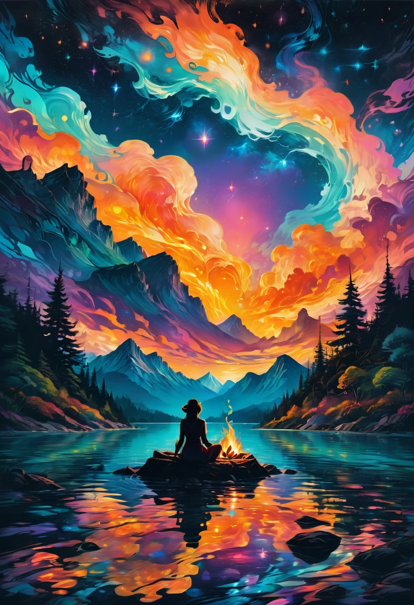 1girl, Campfire, aesthetic, (A beautiful sky, silhouette of a campfire, roaring fire, tent, on the shore by reflective crystal clear water, silhouettes of trees mountains, valleys, reflective clear water), hyperdetailed, color gradient, deep color, complementary colors, beautiful, complex, cosmic, elaborate ethereal, twilight, movement, calm, sincere, faith, perfect reflection