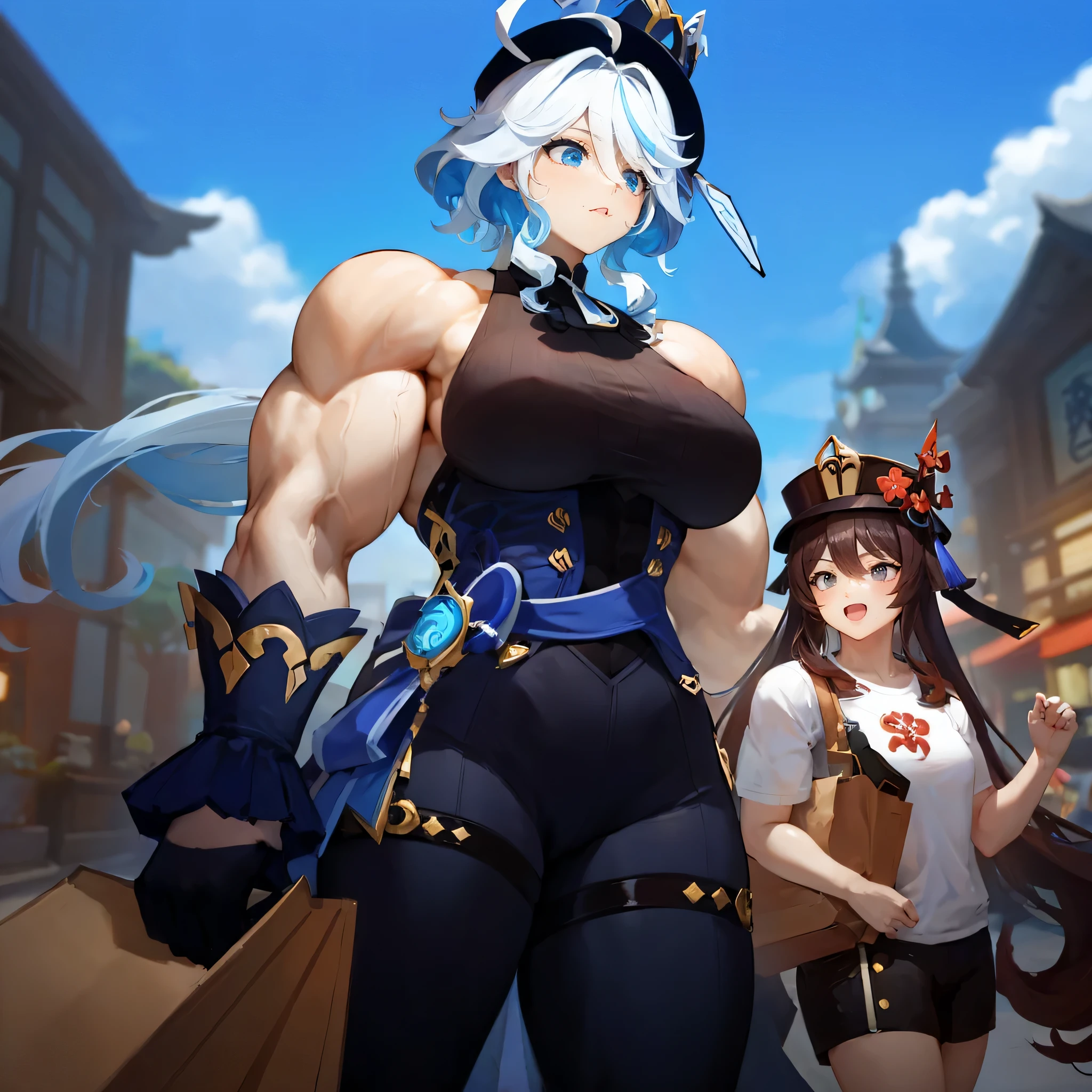2girls,muscular female,shopping, furina hu tao (genshin impact),dress, alternate muscle size, biceps,best quality,muscular,happy,