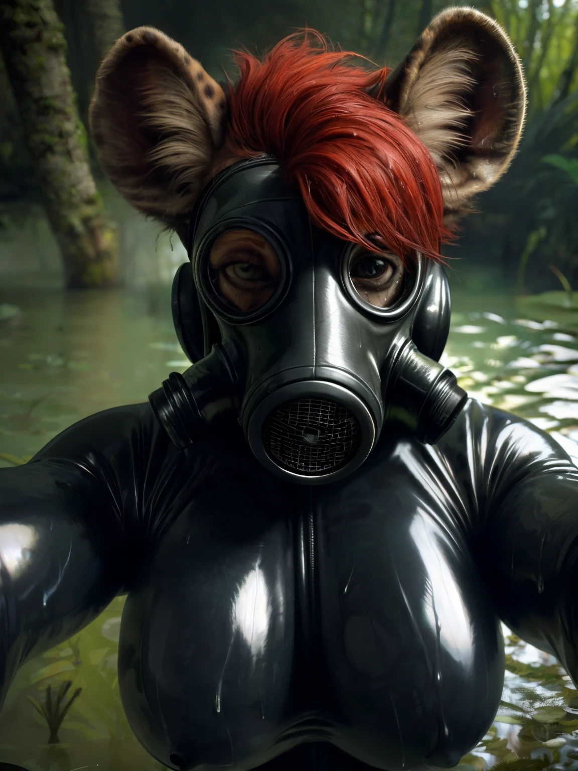 sweat drops, photography, (cool posing:1.1025), hyena, ultra realism shading, sweaty, red hair and eyes, photorealistic, (black latex suit), gas mask, suggestive, (rembrandt:1.1025), huge breasts, (sweaty:1.7), biceps, in love, gas mask covers face so that only the eyes and ears are visible, in a swamp, ((extreme close up)), (selfie POV),