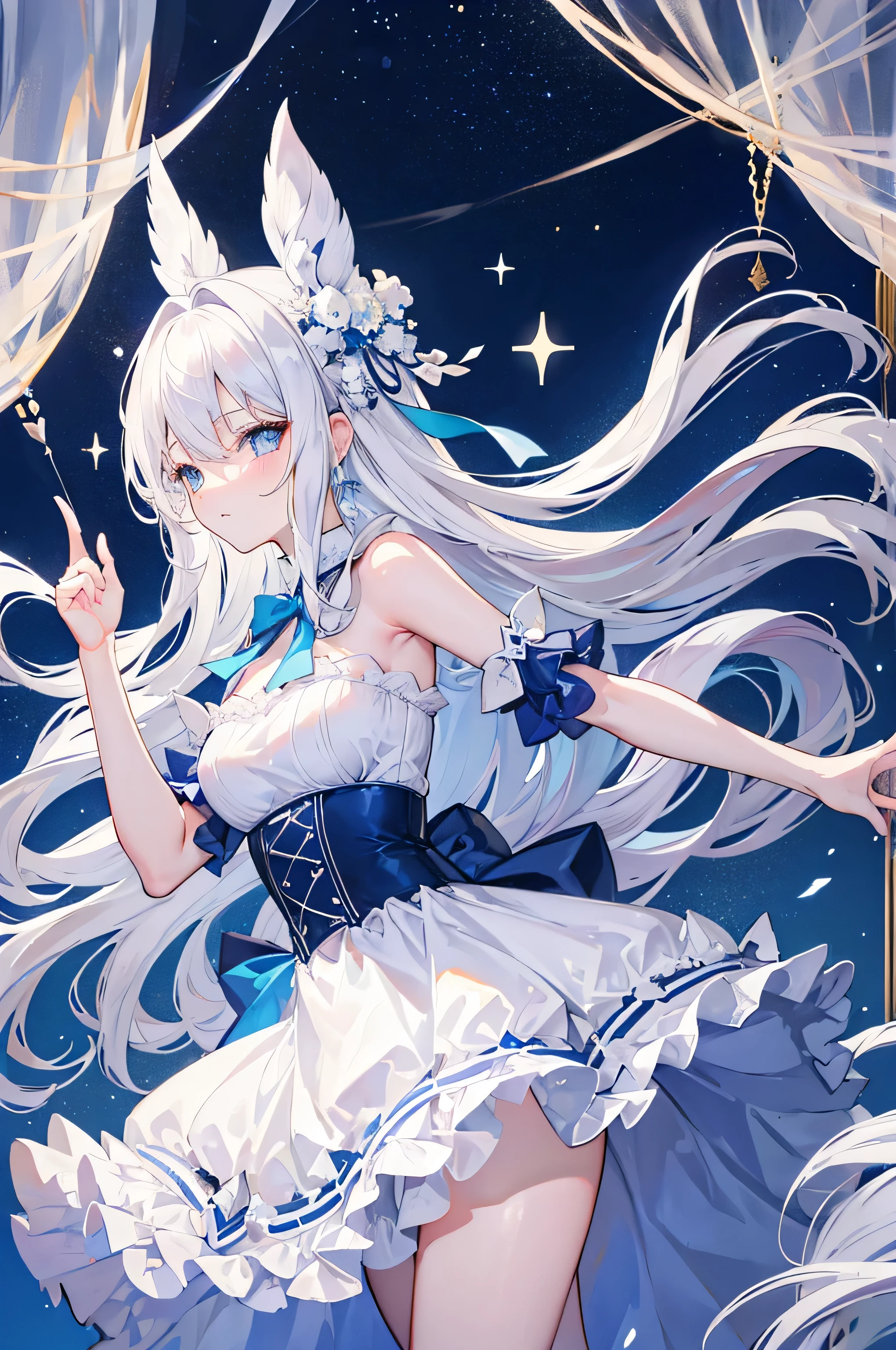 Long silvery white hair and waist，A curtain of scattered hair，2 hair curtains，Crystal Blue Eyes，For emphasis，Caring for students，gorgeous turn，I love dancing，Dark Blue Sailor Dress Off Shoulder Dress，When I turn around, my skirt flutters，White bloomers，Light blue bow tie，Crystal Hair Accessories，Under the stars，The Great White House，Chiquita，Medium meat