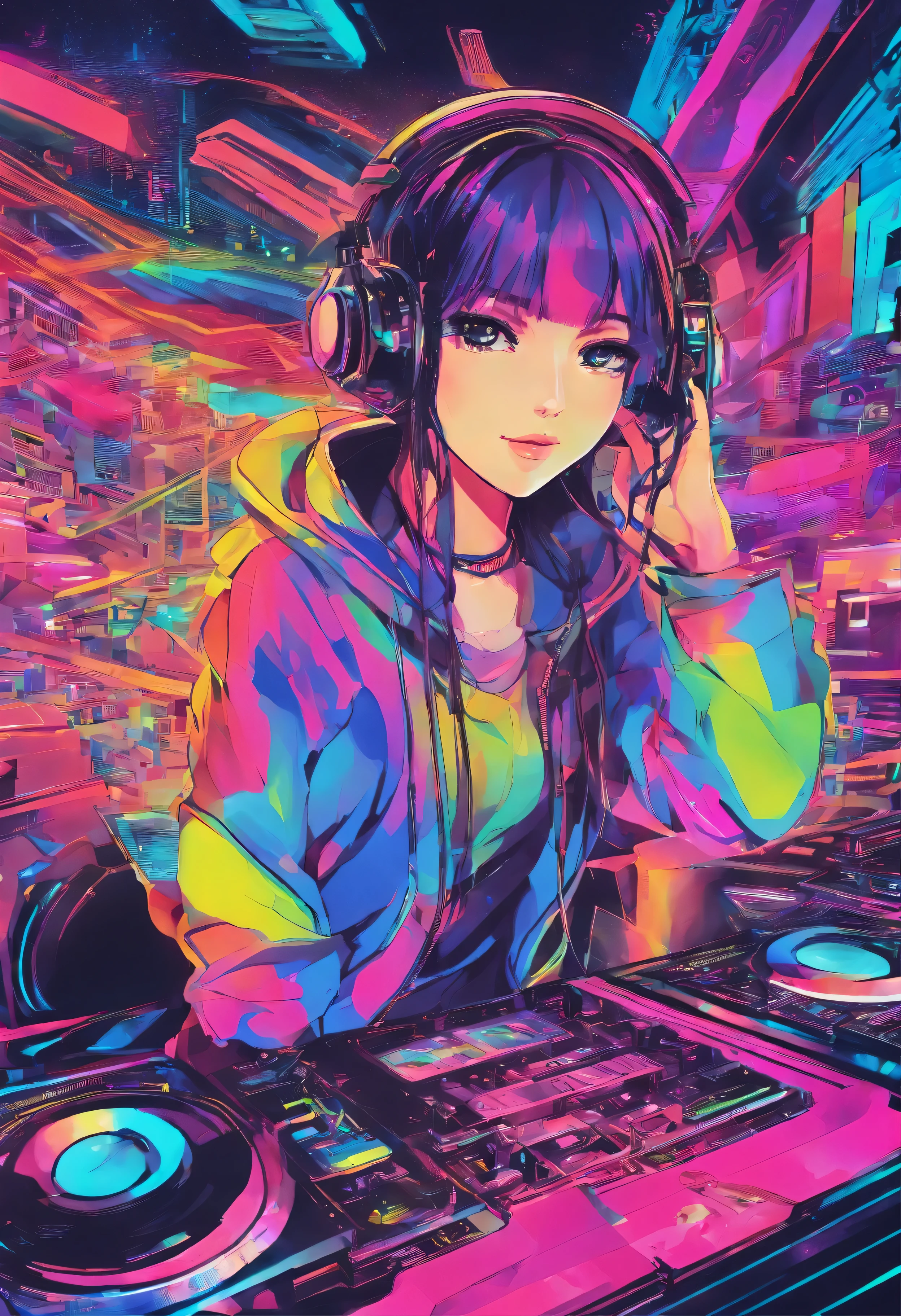 (Hip-hop scene) a very hip hop confidant badass arrogant cocky boss bitch attitude girl dj djing at a trippy neon trance UV lit rave 民家, Minka
