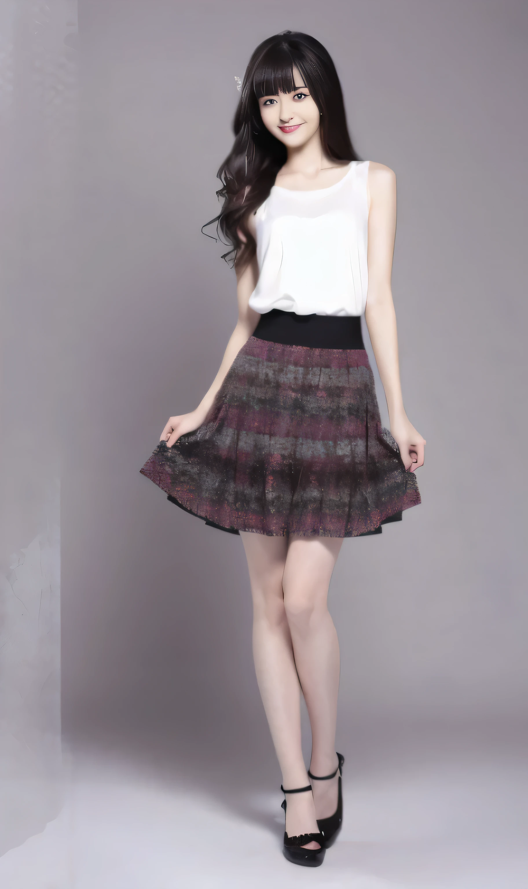 ((masterpiece, best_quality)), 1girl, (Reality:1.4), solo, white_background, black_hair, long_hair, zettai_ryouiki, skirt, ((full_body)),Wide hips,Thin waist