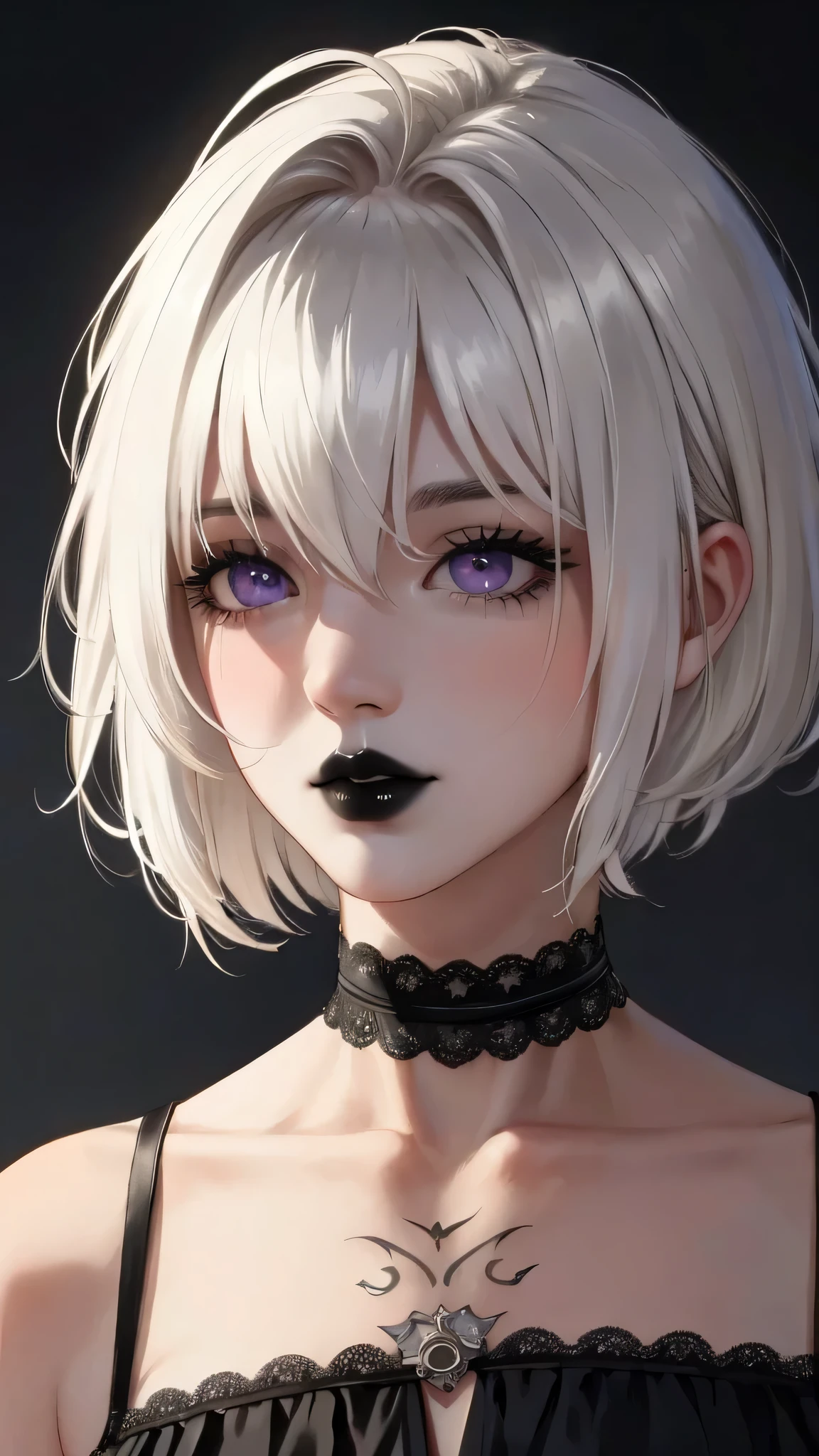 masterpiece,(best quality,top quality,8k),realistic,painting,detailed eyes and face,(1girl), purple eyes, black hair, messy hair, short hair, hair between eyes,(tatto:1.2), pixie cut, goth, gothic, choker, black lips, (black dress:1.2), pretty girl, beauty skin, ultra high res, raw photo , detailed body ,(puffy eyes) ,good contrast , high sharpness,(gorgeous),realistic,RAW Photography,(hyperdetailed:1.2)