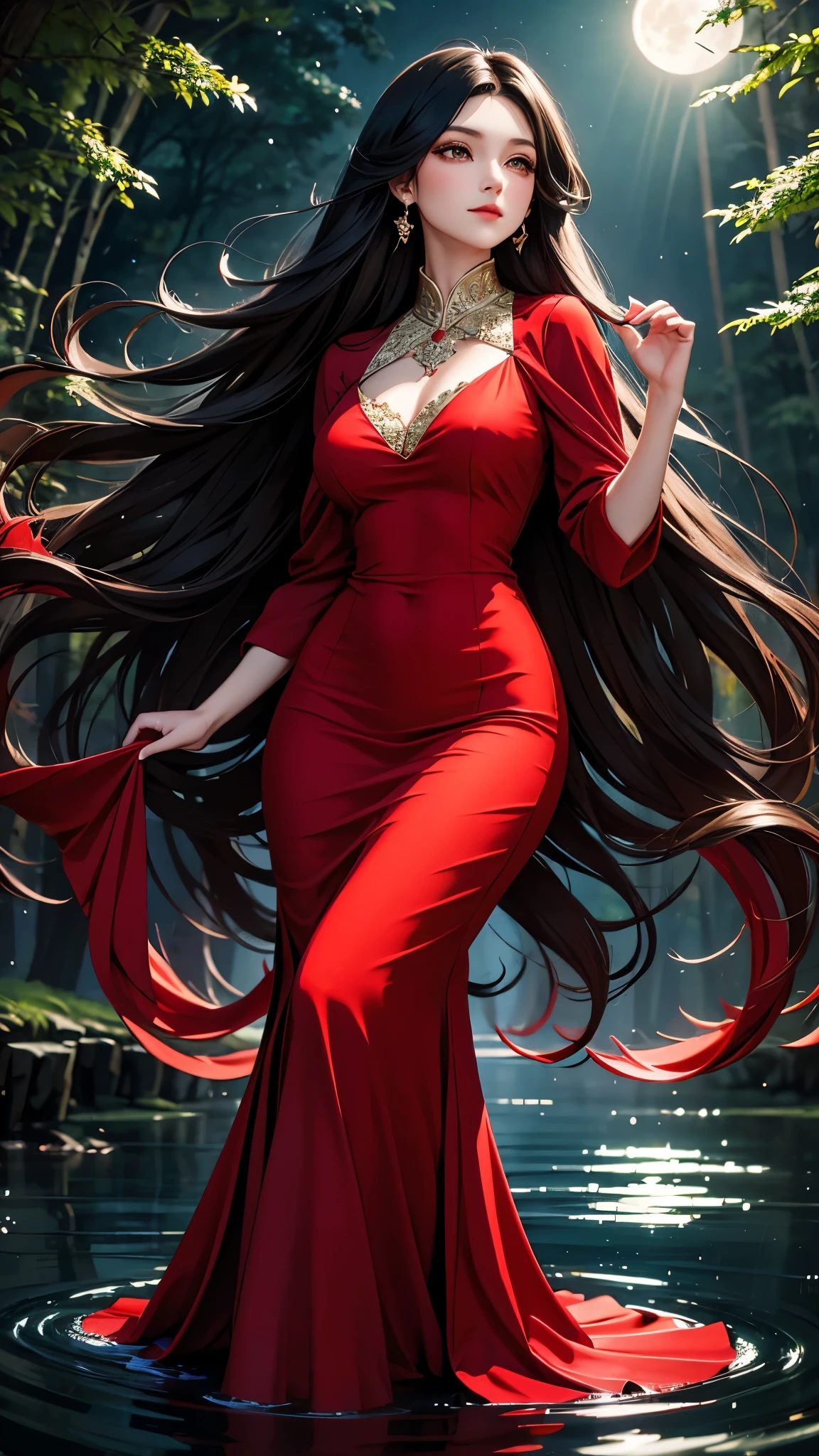 Beautiful black-haired girl with brown eyes and long hair in elegant red dress with water element light orb in a night forest under the light of the moon and stars 