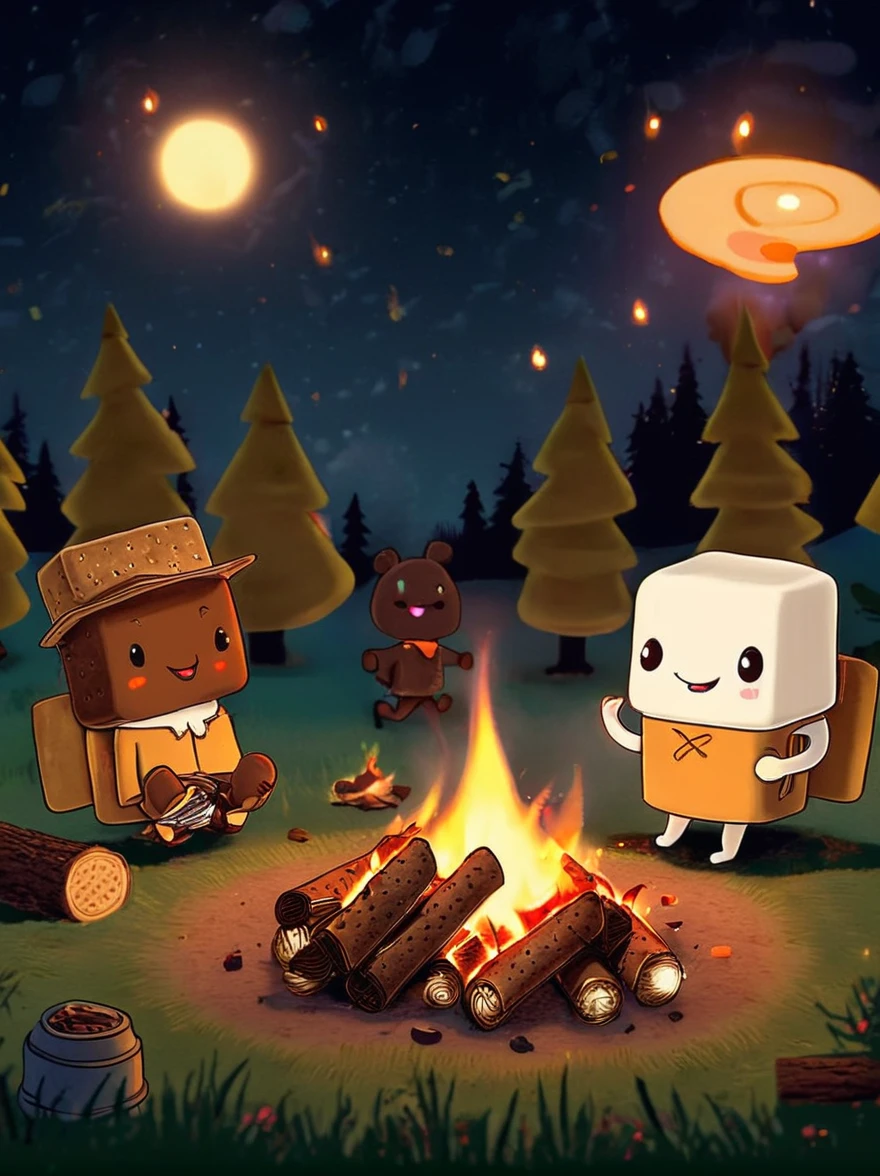 A vibrant, animated scene set in a camping ground under a star-studded night sky. In the middle of the site, there is a glowing bonfire with logs sitting in a stack nearby. Dancing around this fire are adorable little characters that greatly resemble smores, having marshmallow bodies, chocolate hair and graham cracker clothing. These cartoonish smores are engaged in various camping activities. Some are playfully chasing each other, some are sitting and telling humorous stories, while others are engaging in a game of tag. The whole area is lit by the flickering glow of the fire, which adds warmth and coziness to the whimsical scene.