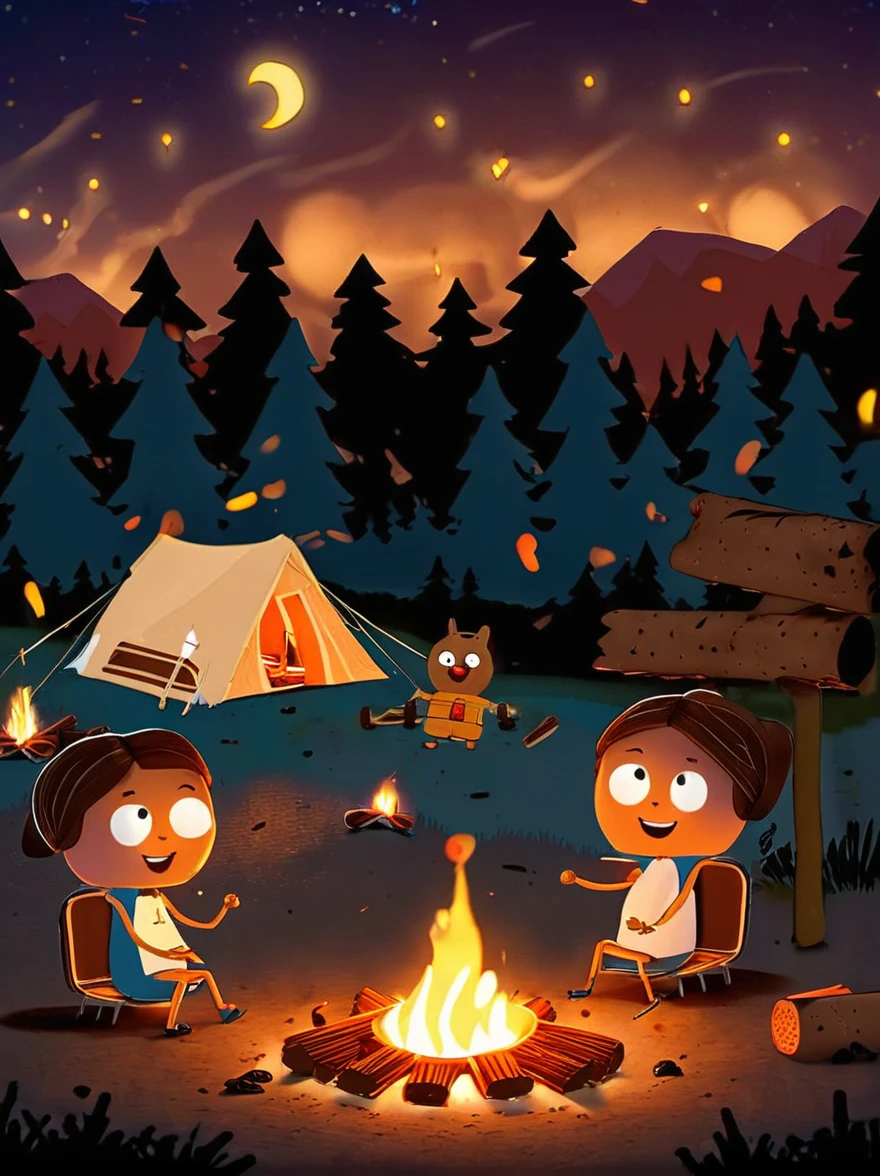 A vibrant, animated scene set in a camping ground under a star-studded night sky. In the middle of the site, there is a glowing bonfire with logs sitting in a stack nearby. Dancing around this fire are adorable little characters that greatly resemble smores, having marshmallow bodies, chocolate hair and graham cracker clothing. These cartoonish smores are engaged in various camping activities. Some are playfully chasing each other, some are sitting and telling humorous stories, while others are engaging in a game of tag. The whole area is lit by the flickering glow of the fire, which adds warmth and coziness to the whimsical scene.