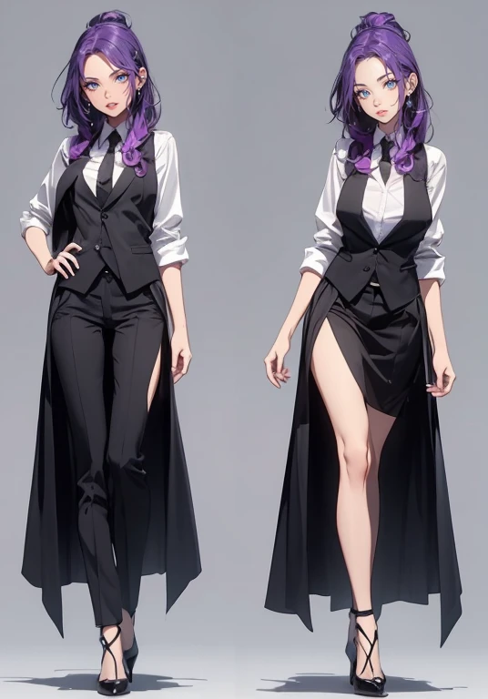 ((Perfect Face)),Purple Hair,voluminous long hair,1 female,bartender,suit,Black vest,Shirt with rolled up sleeves,tie,slit,High heels,,((Simple Background)),smile,((whole body)),((whole body)),Portraiture,virtual,upright,,Both arms are down,Standing upright with face and body facing forward,
