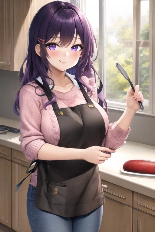 masterpiece, best quality, 1girl, purple hair, long hair purple eyes, smile, cute, (jeans, sweater, apron:1.2), kitchen
