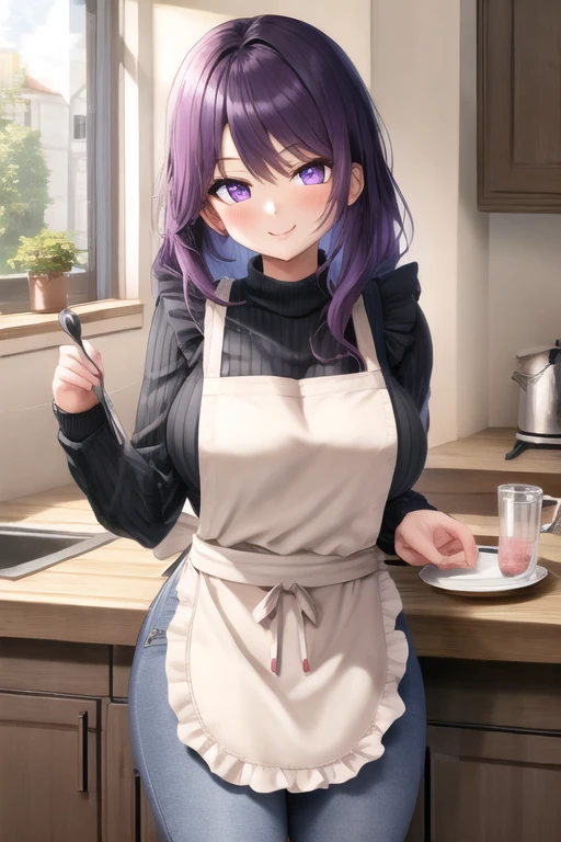 masterpiece, best quality, 1girl, purple hair, long hair purple eyes, smile, cute, (jeans, sweater, apron:1.2), kitchen