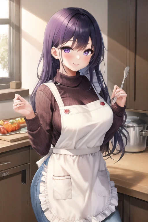 masterpiece, best quality, 1girl, purple hair, long hair purple eyes, smile, cute, (jeans, sweater, apron:1.2), kitchen
