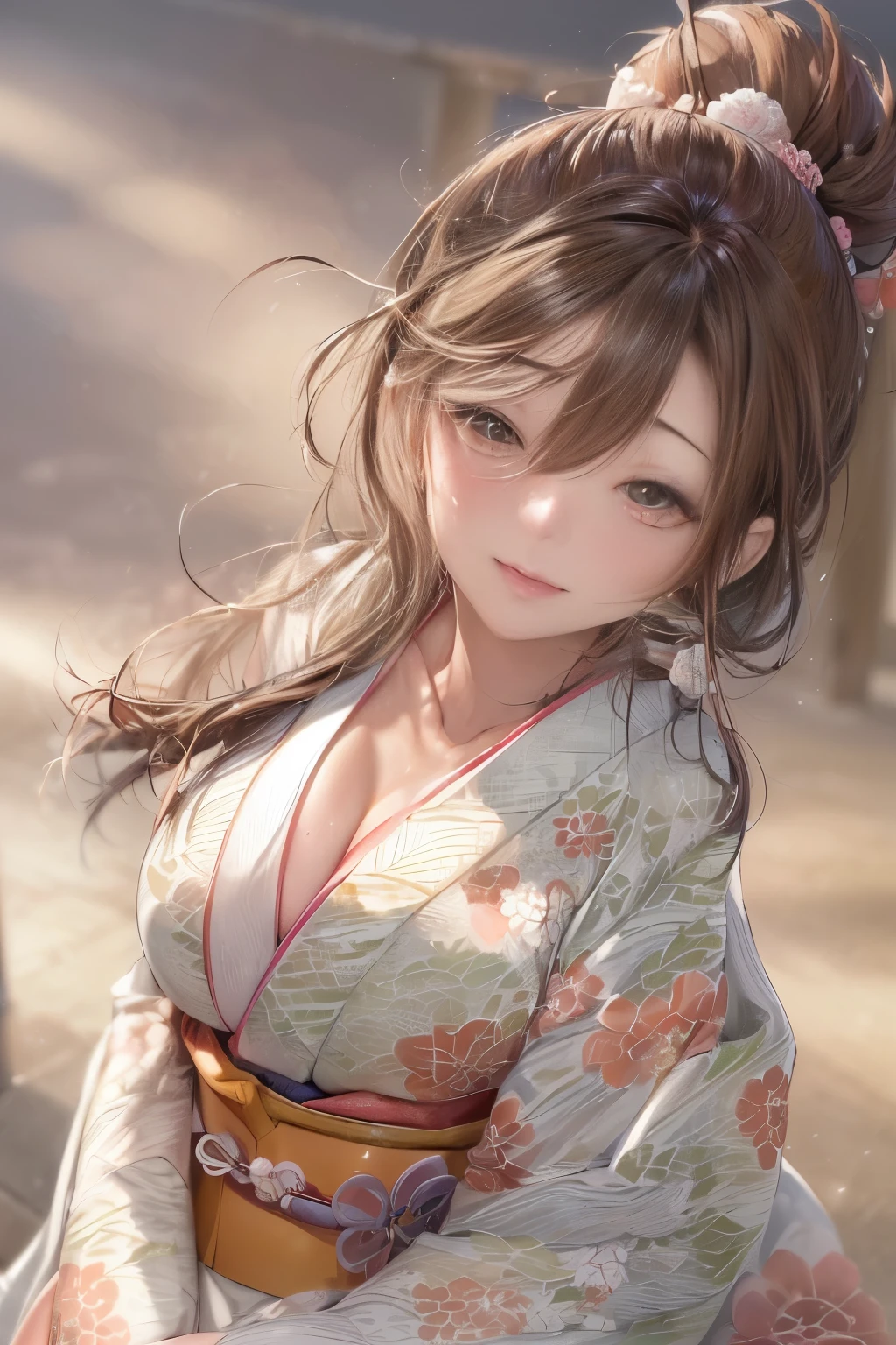 ((((masterpiece, Best Quality, High resolution)))), extremely detailed 8K, (sexy Beautiful 35 years old japanese girl with slim body:1.6),(sexy girl:1.6), (Ultra HD, Ultra-detailed, Highly detailed, Highly realistic, Ultra-realistic, photos realistic),{ short depth of field, (god ray:1.2), (bounced front lighting:1.1), (soft diffused lighting:1.6) },(brown hair, pony tail:1.5), (dynamic sexy poses), (very delicate and natural hair:1.3), facing at camera, light smile, (very huge firm breasts: 1.5), (very delicate and natural face, very delicate and natural eyes:1.3),(very delicate and natural clothes:1.2),{(japanese traditional kimono, breasts part widely open,:1.6)}, (hard nipples pointing:1.3), Glow, (very Sweat:1.2), sexy long legs,Sexy, Blushing, (ultra realistic wide landscape, photogenic scenery,kyoto town:1.1),very windy day, hair blowing in the wind,