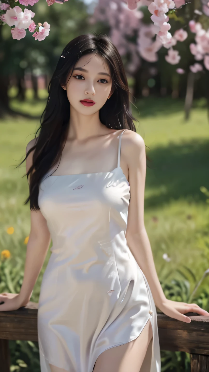 A girl wearing an off-white silk cheongsam lies in a large field of colorful flowers，long black hair spread out，Delicate and fair skin，Fine hair，Big bright eyes，Long eyelashes，Oval face，Light eyeshadow and blush，Red lips，Delicate，Delicate clavicle，Full and firm breasts，Model figure，Curvy figure，Perfect body proportions，Thin waist，Detailed clothing details，Realistic，Look at the camera， masterpiece, RAW photo, 8k resolution, realistic, exquisitely detailed skin, masterpiece, best quality, unity 8k wallpaper, ultra detailed, cinematic look, natural skin texture, extremely realistic skin texture, finely detailed face,(film grain:1.2),cinematic angle, Fujifilm XT3, (highly detailed), (detailed lighting),(contrast),(mysterious atmosphere),vivid illumination, masterful technique, harmonious composition, immersive atmosphere, stunning visuals, best quality, official art, extremely detailed CG, highly detailed,  