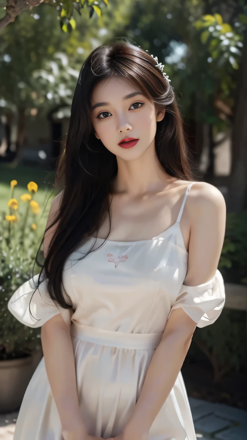 A girl wearing an off-white silk cheongsam lies in a large field of colorful flowers,long black hair spread out,Delicate and fair skin,Fine hair,Big bright eyes,Long eyelashes,Oval face,Light eyeshadow and blush,Red lips,Delicate,Delicate clavicle,Full and firm breasts,Model figure,Curvy figure,Perfect body proportions,Thin waist,Detailed clothing details,Realistic,Look at the camera, masterpiece, RAW photo, 8k resolution, realistic, exquisitely detailed skin, masterpiece, best quality, unity 8k wallpaper, ultra detailed, cinematic look, natural skin texture, extremely realistic skin texture, finely detailed face,(film grain:1.2),cinematic angle, Fujifilm XT3, (highly detailed), (detailed lighting),(contrast),(mysterious atmosphere),vivid illumination, masterful technique, harmonious composition, immersive atmosphere, stunning visuals, best quality, official art, extremely detailed CG, highly detailed,