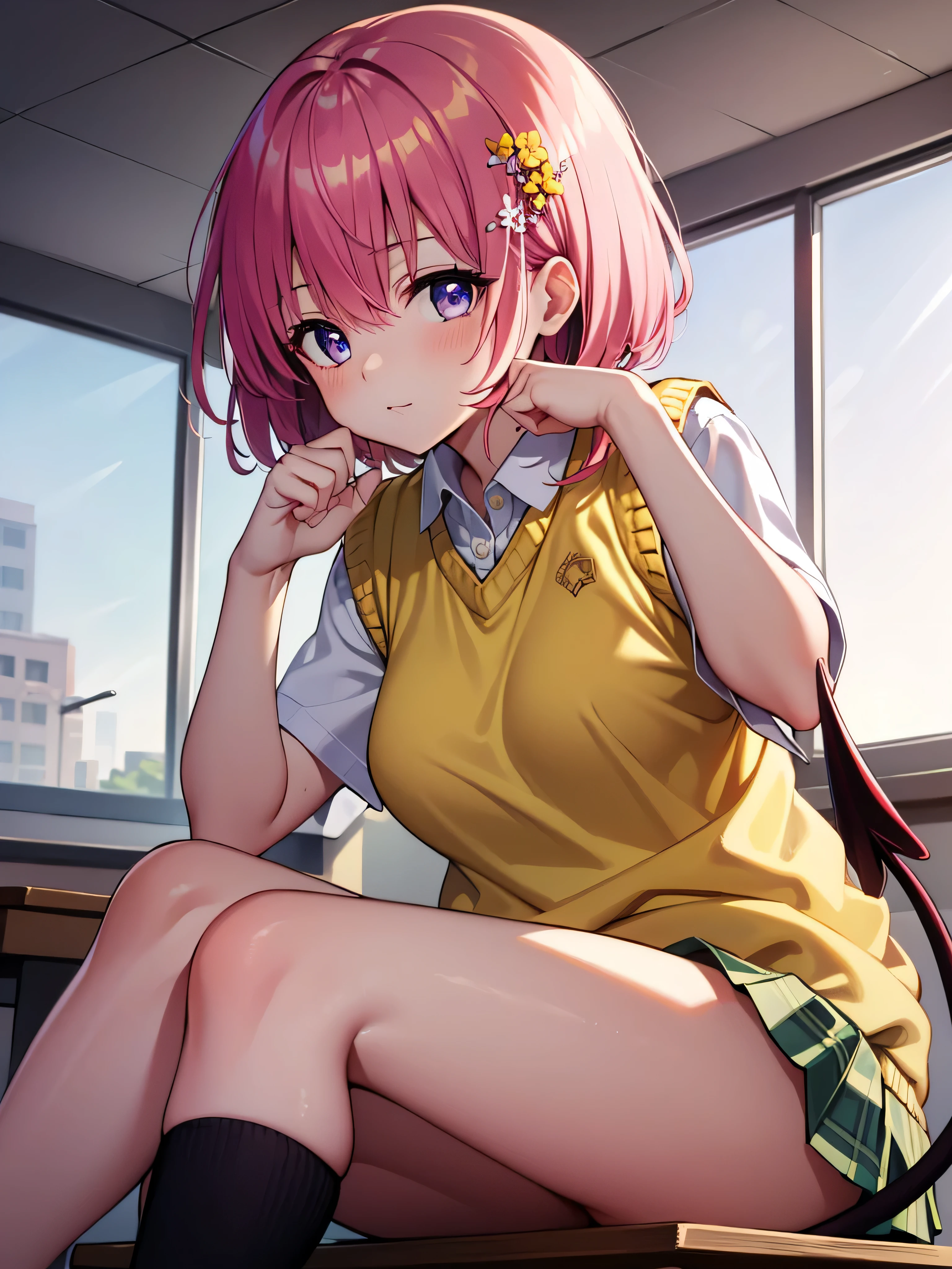 Momodebilke, Deviluke Type, demon tail, Hair Flowers, hair ornaments, (Purple eyes:1.1), Pink Hair, short hair, tail,
break demon tail, green skirt, Plaid, Plaid skirt, Sainan High , , skirt, Sweater vest, Knee socks, (Yellow Sweater:1.5),
break looking at viewer,
break indoors, classroom,
break (masterpiece:1.2), highest quality, High resolution, unity 8k wallpaper, (figure:0.8), (beautiful detailed eyes:1.6), extremely detailed face, Perfect lighting, extremely detailed CG, (Perfect hands, Perfect Anatomy),