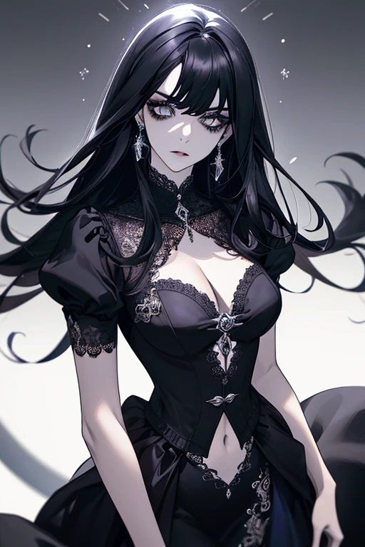 (obra de arte:1.2),1 mulher,cabelo preto longo,olhos castanhos,(maravilhoso:1.4),vestido branco,fantasia,elegante,real,dreamatic lighting,Rosto extremamente detalhado,mulher forte,terno