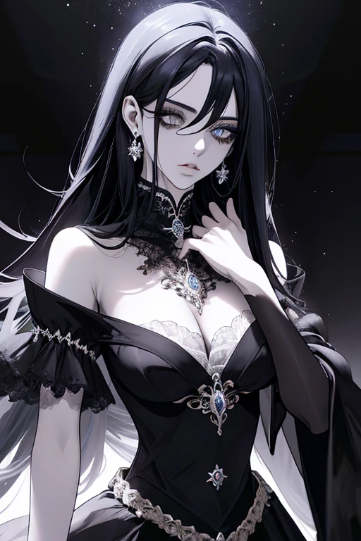 (obra de arte:1.2),1 mulher,cabelo preto longo,olhos castanhos,(maravilhoso:1.4),vestido branco,fantasia,elegante,real,dreamatic lighting,Rosto extremamente detalhado,mulher forte,terno