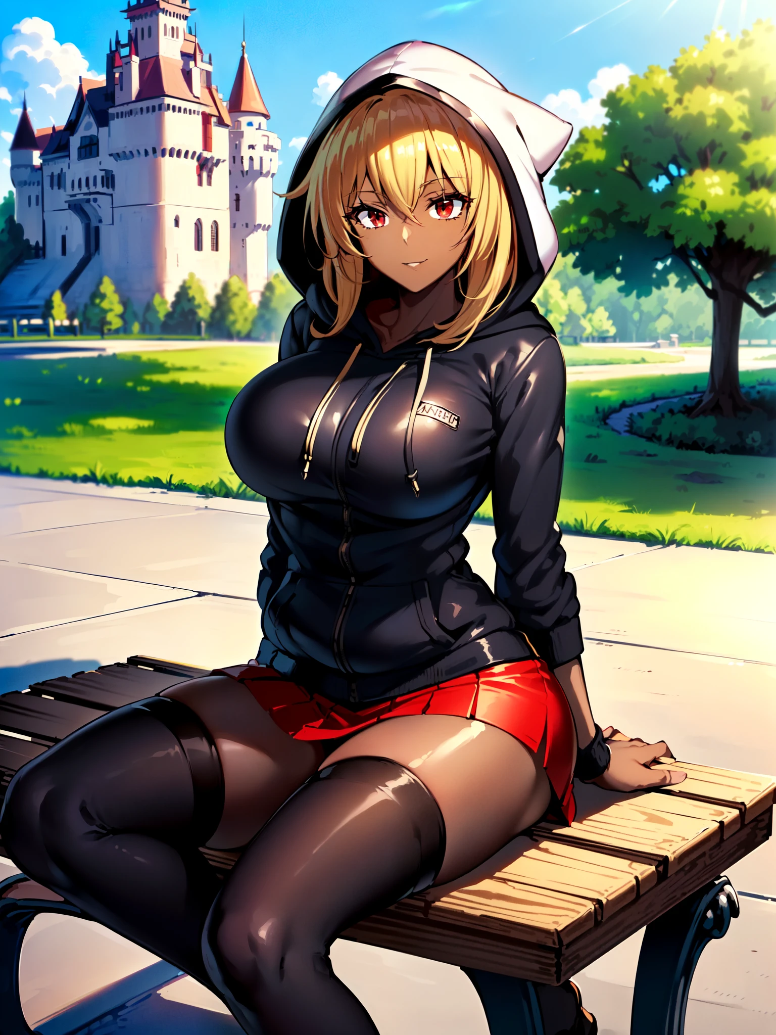 masterpiece, best quality, extremely detailed, 1girl, milf, solo, (dark skin, black skin:2), aaraynare, (huge breasts:1.3), ((((blonde hair), long hair, red eyes))), parted lips, (((wearing hoodie, hooded up, medium skirt, white thighhighs))), ((light smile), closed mouth), ((outdoor, gazebo, sitting, on bench, castle))