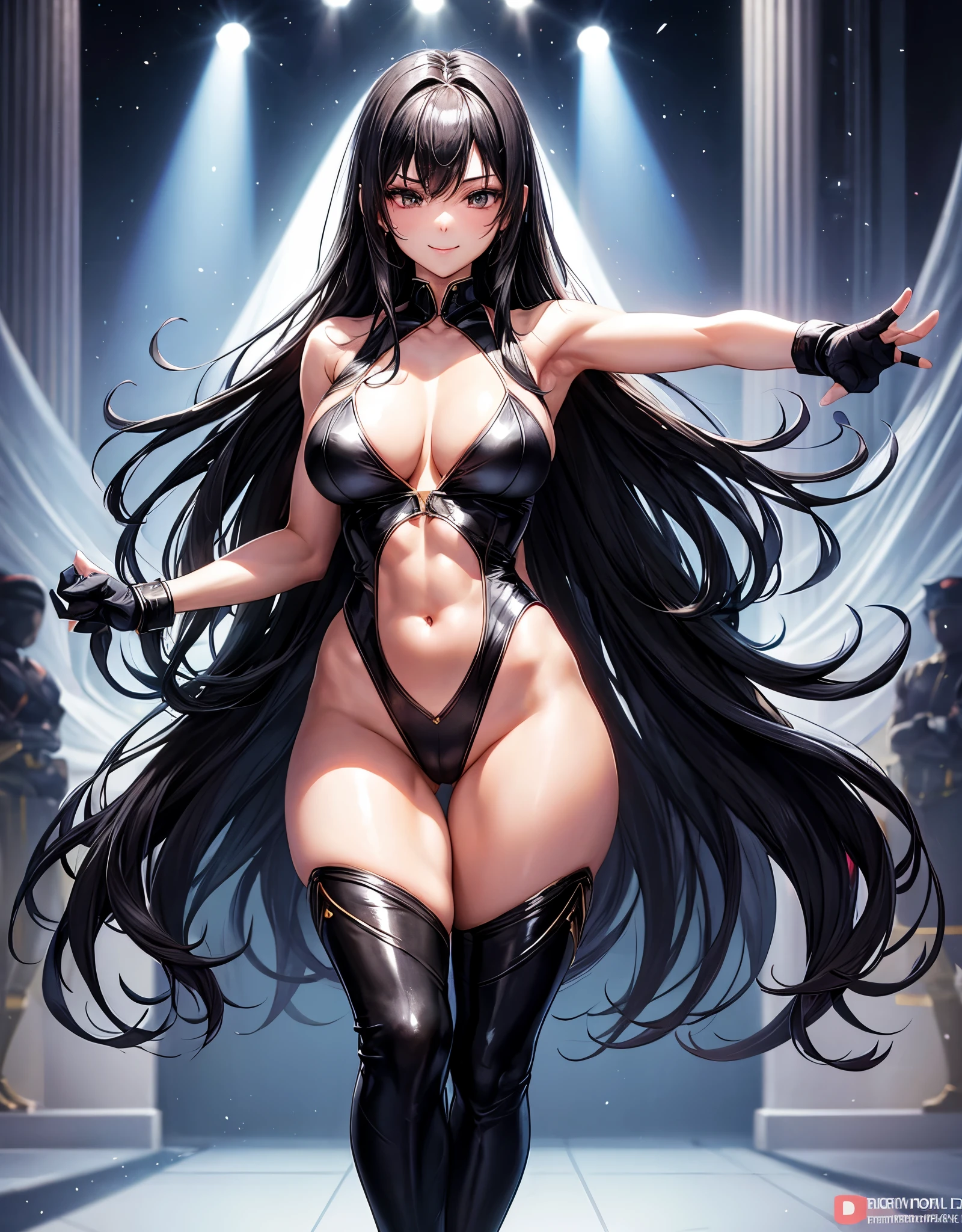 beautiful girl、Fighter、Black Hair、long hair、、sexy、Sexy、Antle le、gown、leotard、High leg、Wristband、Gloves、Long shoes、canvaat、On the Ring、Match in the ring、venue、Are standing、The whole body is visible、Abdominal muscles、Fighting Pose、one person、high kick pose