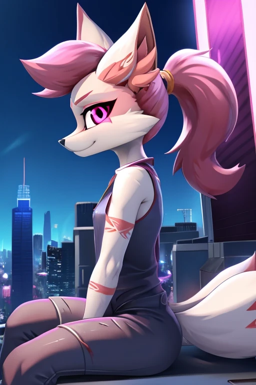 kimiko, furry female anthro, fox girl, white body fur, Pink hair, small breasts, multiple tails, multi tail, solo, body fur, (best quality), cinematic lighting, anime style, short ponytail, scar on the eye, 2D, detailed background, detailed background, best quality, ultra detail, good lighting, solo, high quality, detailed body, detailed eyes, detailed face, masterpiece, glistening body, shiny body, detailed body fur, best quality, perfect lighting, perfect shadows, perfect eyes, perfect hair, perfect face, gorgeous body, clear sky, sitting on the roof of a skyscraper in cyber city, profile view to the viewer, thoughtful, dreamy, light smile, evening, neon lights on buildings, purple blue and pink tones, urban, glowing eyes, dressed, overall, without sexualization