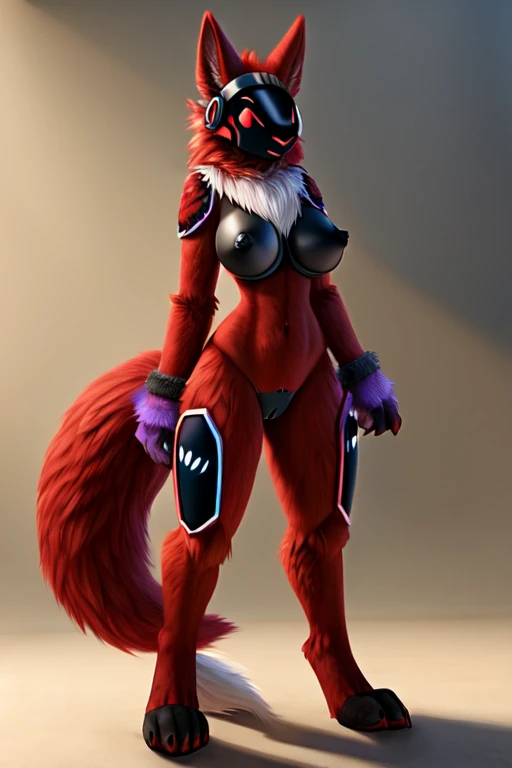 Female, canine, protogen, red fur, full breast, standing, vagina, NSFW, perfect, realistic looking, protogen tail, fur body, fur all over,