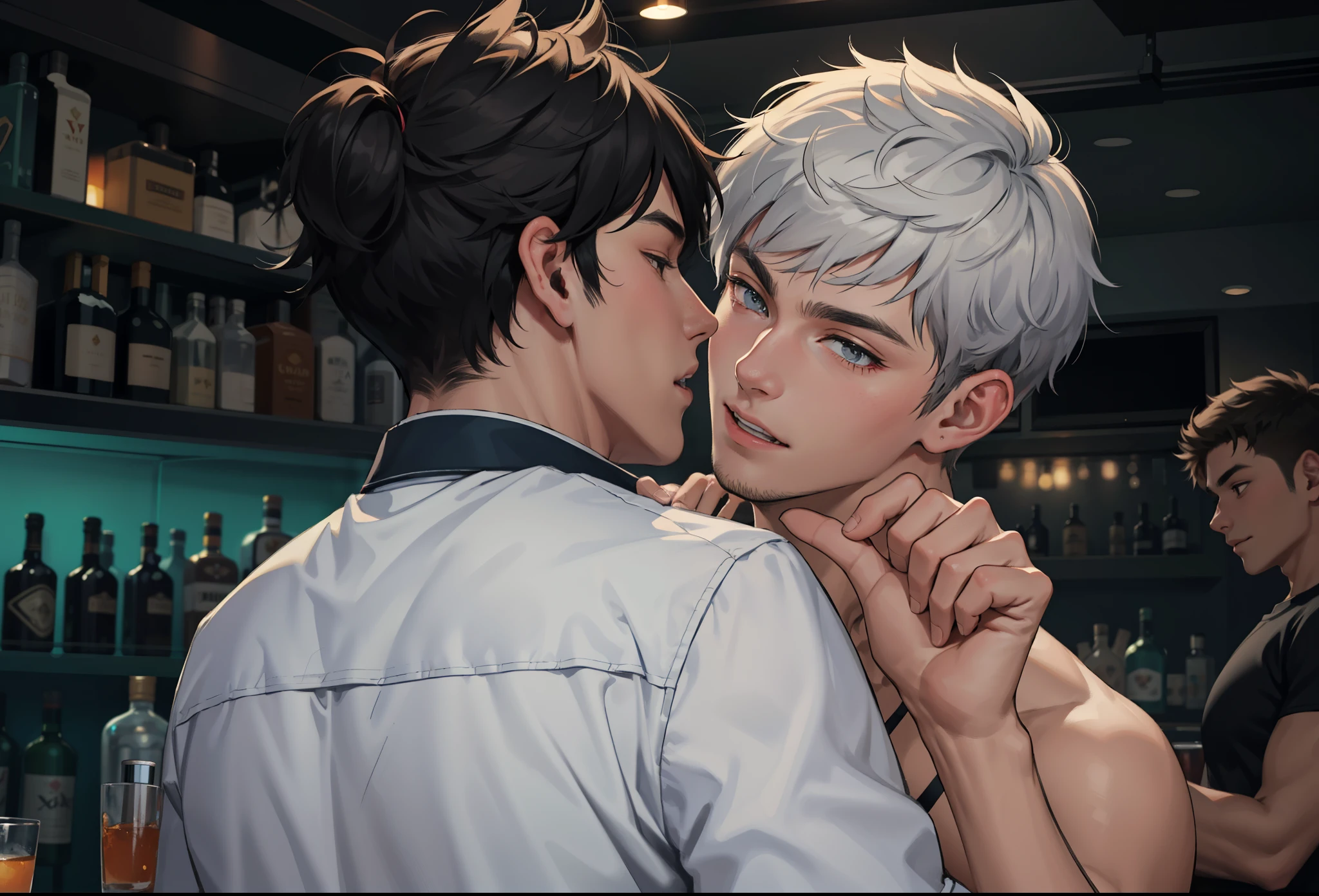two 14 year old boys are in a bar at a party having a few drinks of liquor
