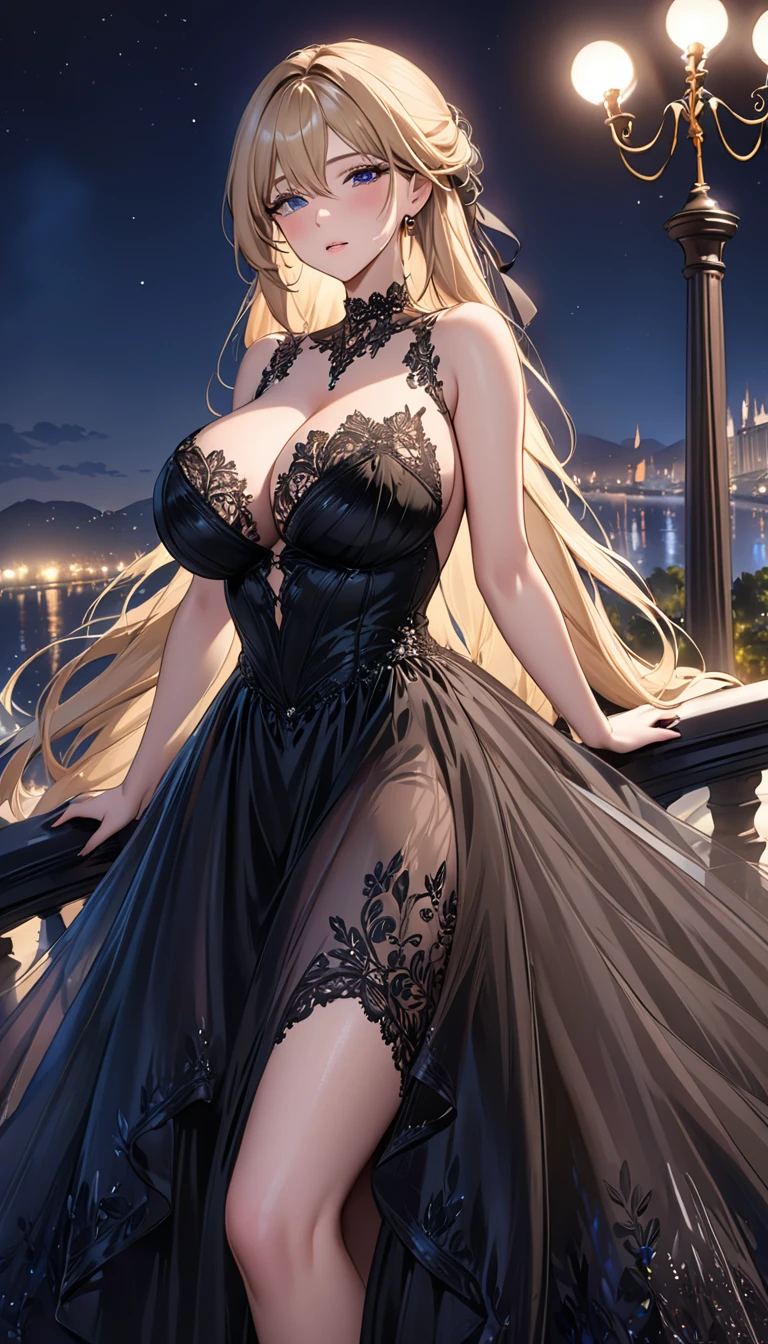 masterpiece:1.4,best-quality,Super Detail,Very Delicate and Beautiful, ( nsfw, 29 years old beautiful woman, slut, pervert, blonde long hair ), very gigantic , very slender, black ball gown, sheer ball gown, lace ball gown, see-through ball gown, at night