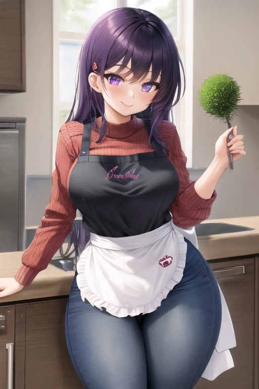 masterpiece, best quality, 1girl, purple hair, long hair, purple eyes, smile, cute, (jeans, sweater, apron:1.2), kitchen, (curvy, slim waist:1.1)
