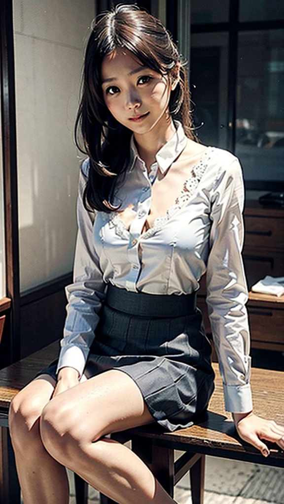 Japanese Beauty、Business service, Grey Skirt, Business Attire, Work clothes, Work clothes, Catalogue photo, from me, Detailed Images, Business Attire装, Image Center, grey, white shirt and Grey Skirt, Wearing business casual dress、Her white panties are visible from under her skirt、laughing、Sitting、slim japanese woman、thin shirt、satin,Beautiful Japanese woman in white lace chemise.,全body (body),Black Hair, Aqua Eye, smile, Surrealism, Depth of written boundary, Ultra-high resolution, Accurate, Anatomically correct, Textured skin, Super Detail, Attention to detail, highest quality, 4K,Standing posture,Small breasts,Long slip,Long Chemise,Small breasts,Chemise from shoulder to knee,Thin woman,Full body,Thin woman,Full body,Panties and bra visible from under the chemise.