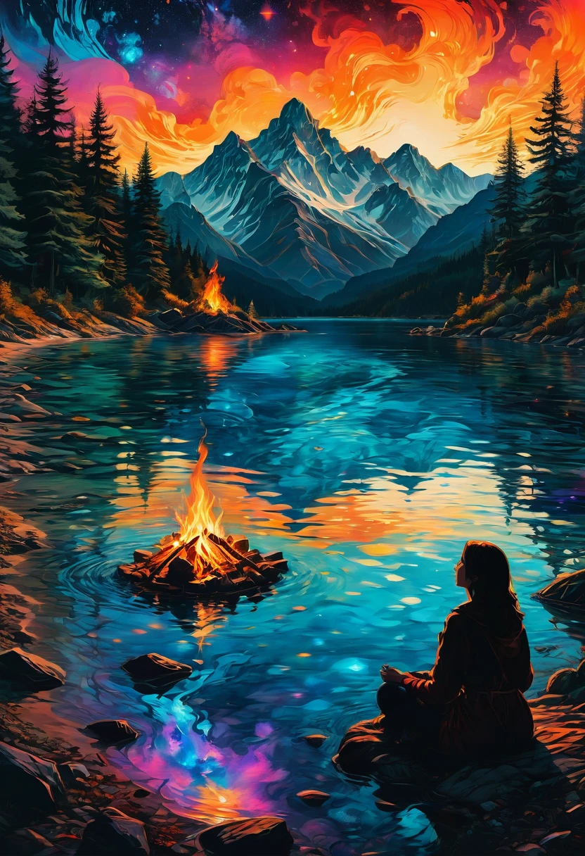 1girl, Campfire, aesthetic, (A beautiful sky, silhouette of a campfire, roaring fire, tent, on the shore by reflective crystal clear water, silhouettes of trees mountains, valleys, reflective clear water), hyperdetailed, color gradient, deep color, complementary colors, beautiful, complex, cosmic, elaborate ethereal, twilight, movement, calm, sincere, faith, perfect reflection