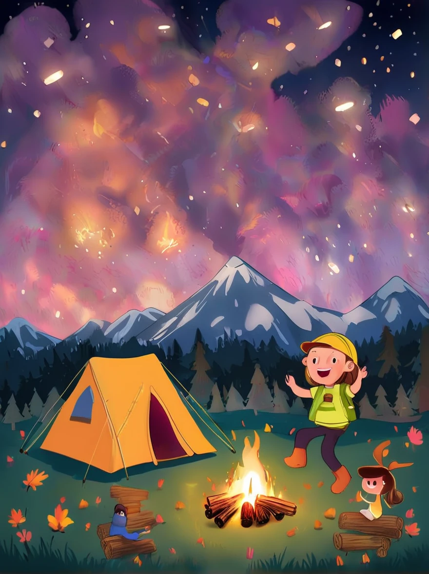 A vibrant, animated scene set in a camping ground under a star-studded night sky. In the middle of the site, there is a glowing bonfire with logs sitting in a stack nearby. Dancing around this fire are adorable little characters that greatly resemble smores, having marshmallow bodies, chocolate hair and graham cracker clothing. These cartoonish smores are engaged in various camping activities. Some are playfully chasing each other, some are sitting and telling humorous stories, while others are engaging in a game of tag. The whole area is lit by the flickering glow of the fire, which adds warmth and coziness to the whimsical scene.