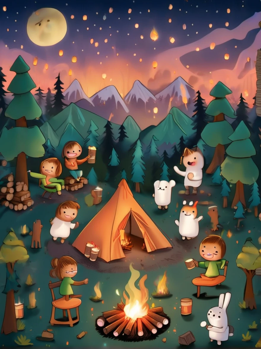 A vibrant, animated scene set in a camping ground under a star-studded night sky. In the middle of the site, there is a glowing bonfire with logs sitting in a stack nearby. Dancing around this fire are adorable little characters that greatly resemble smores, having marshmallow bodies, chocolate hair and graham cracker clothing. These cartoonish smores are engaged in various camping activities. Some are playfully chasing each other, some are sitting and telling humorous stories, while others are engaging in a game of tag. The whole area is lit by the flickering glow of the fire, which adds warmth and coziness to the whimsical scene.