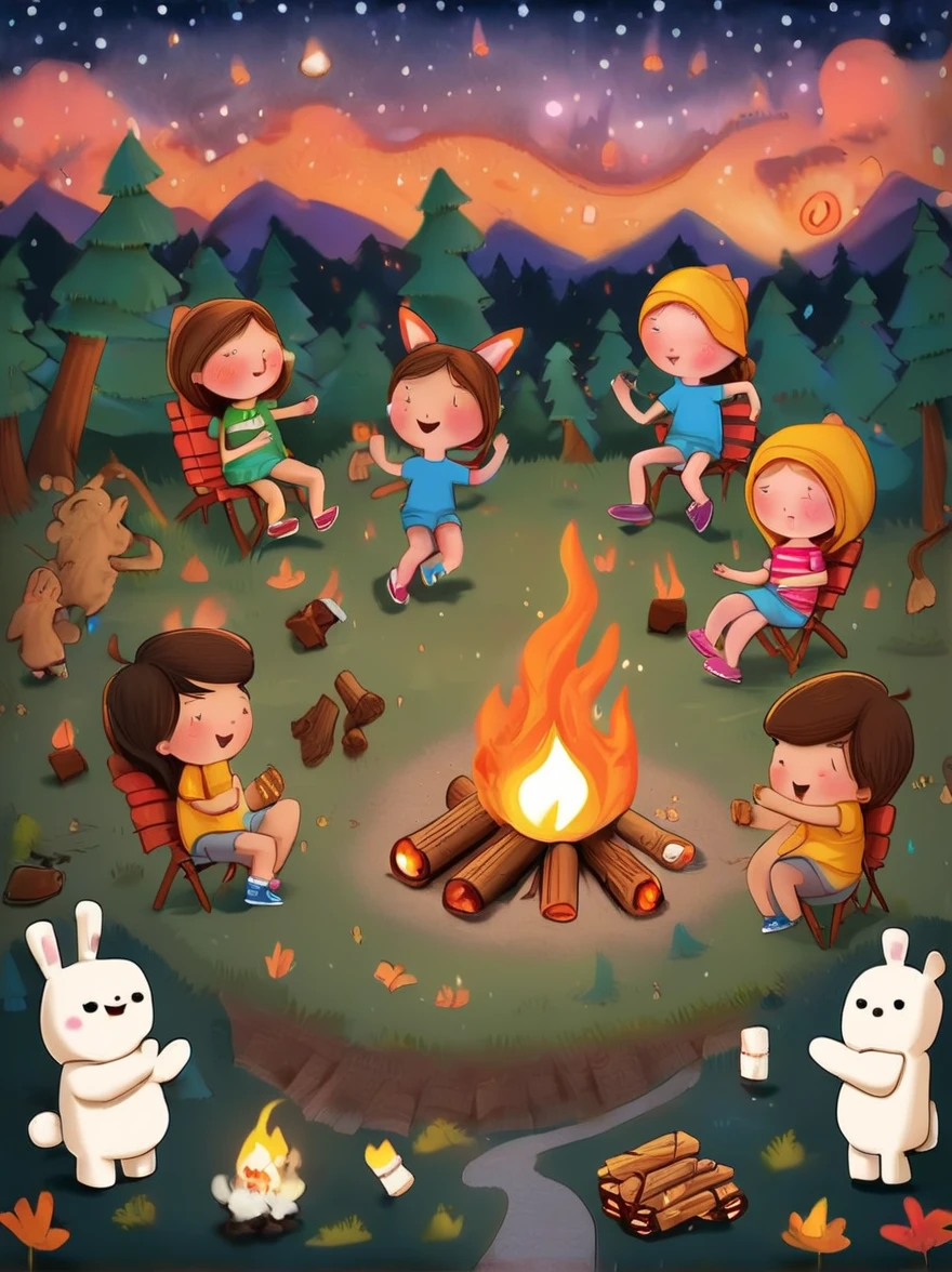 A vibrant, animated scene set in a camping ground under a star-studded night sky. In the middle of the site, there is a glowing bonfire with logs sitting in a stack nearby. Dancing around this fire are adorable little characters that greatly resemble smores, having marshmallow bodies, chocolate hair and graham cracker clothing. These cartoonish smores are engaged in various camping activities. Some are playfully chasing each other, some are sitting and telling humorous stories, while others are engaging in a game of tag. The whole area is lit by the flickering glow of the fire, which adds warmth and coziness to the whimsical scene.