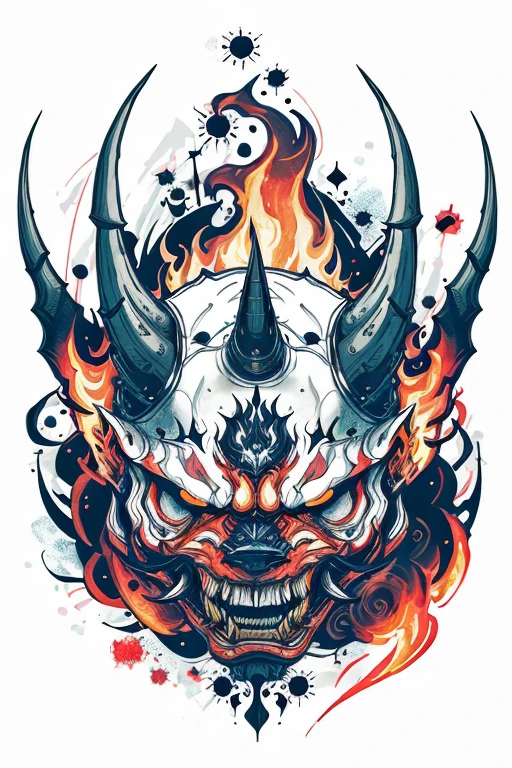 Fire Flame Effect Fine Tattooed White Background Rich in Color,The armored demon opened his mouth and roared ,The special effects of demons, bunten Geistern und Feuern ergeben ein Logo,