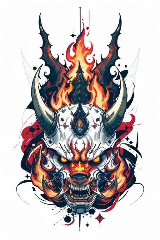 Fire Flame Effect Fine Tattooed White Background Rich in Color,The armored demon opened his mouth and roared ,The special effects of demons, bunten Geistern und Feuern ergeben ein Logo,