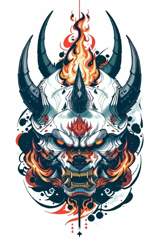 Fire Flame Effect Fine Tattooed White Background Rich in Color,The armored demon opened his mouth and roared ,The special effects of demons, bunten Geistern und Feuern ergeben ein Logo,